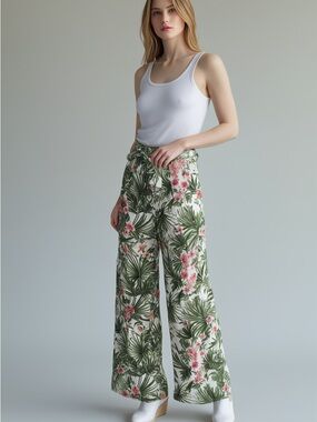 Joe Benbasset Wide-Leg Tropical Print Pants in Green and Pink